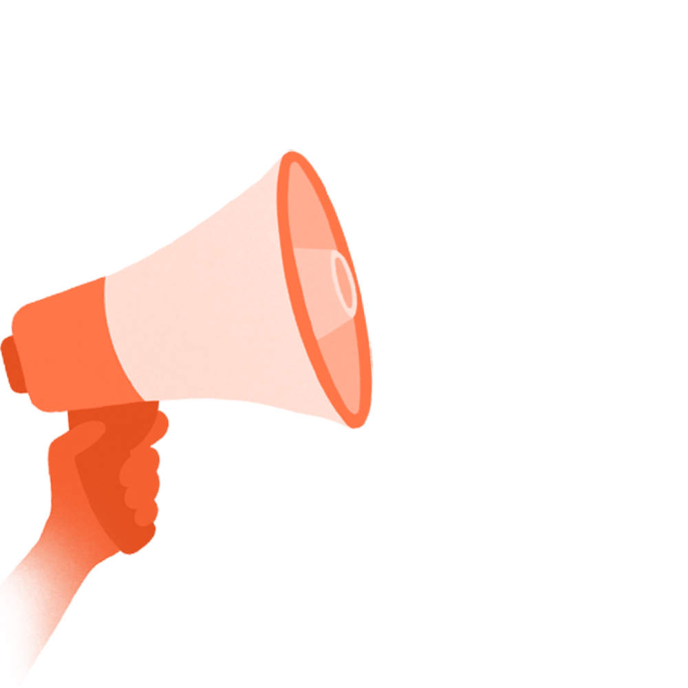 NM Orange Megaphone with Sound Waves Decorative image. Yellow hand holding a yellow megaphone.