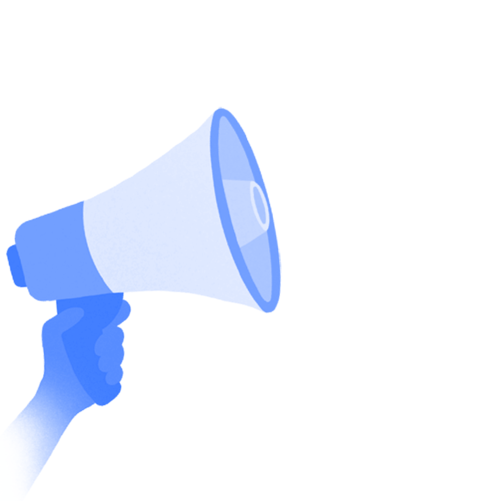 Decorative image. Yellow hand holding a yellow megaphone.